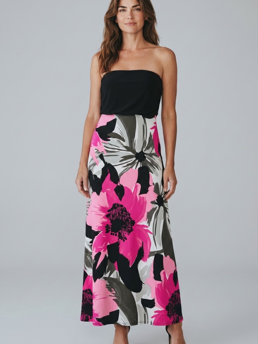 Source Unknown Black Strapless Maxi Dress with Hot Pink Floral Skirt
